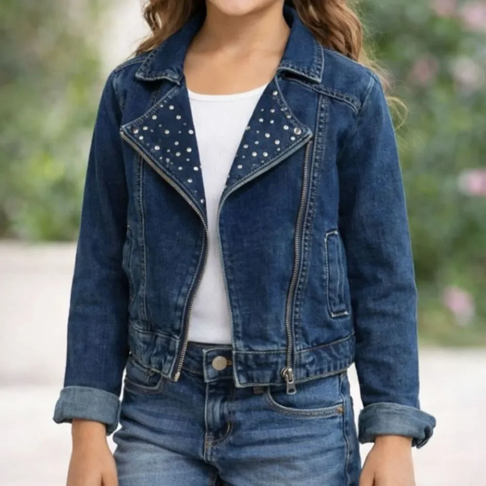 Justice Girls Studded Cotton Denim Moto Jacket Rhinestone Size 8 Back to School